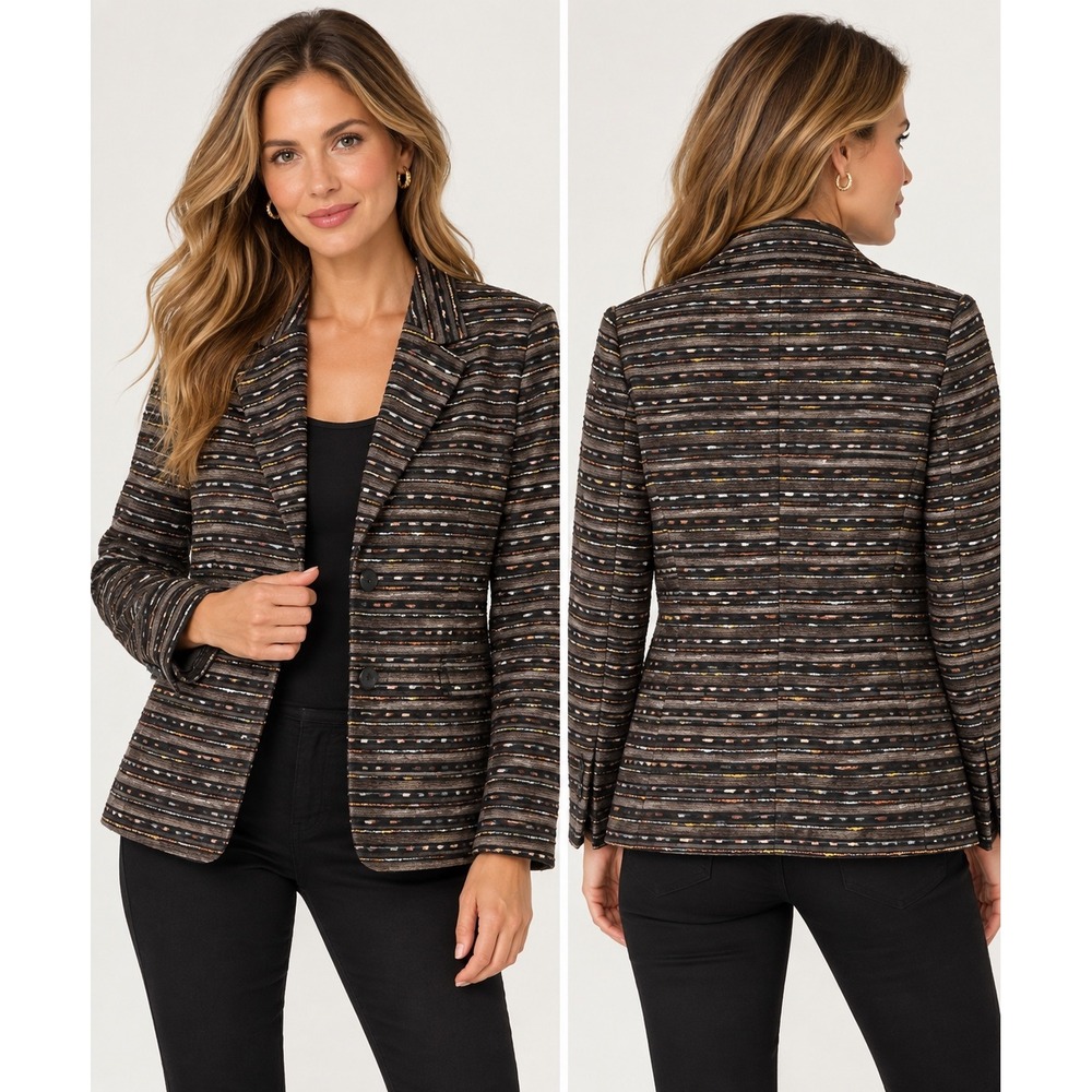 Vintage 90s Carlisle Fiber Artist Woven Banded Tweed Blazer Jacket Womens L 12
